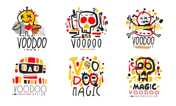 Voodoo eredeti design logó gyűjtemény, afrikai és amerikai mágikus kézzel rajzolt jelvények vektor illusztráció — Stock Vector