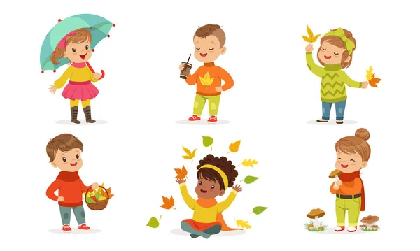 Outdoor Autumn Activities Collection, Cute Boys and Girls Having Good Time, Walking and Playing Wearing Warm Autumnal Clothes Vector Illustration — Stock Vector