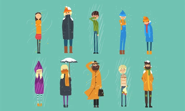 People in Coats Freezing Outside on Cold, Rainy and Windy Day, Autumn and Winter Season Vector Illustration — Stock Vector