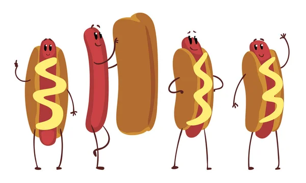 Coleção de cachorros quentes engraçados, Personagens de desenhos animados de fast food humanizados em vários Poses Ilustração vetorial — Vetor de Stock