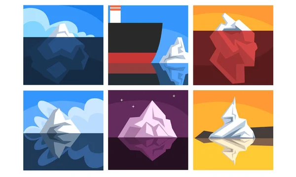 Collection d'icebergs flottant sur l'eau avec des pièces sous-marines, belle illustration vectorielle de paysage nordique — Image vectorielle