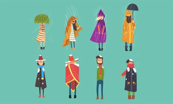 Persone che si congelano all'esterno nelle giornate fredde, piovose e ventose, nell'illustrazione vettoriale della stagione autunnale e invernale — Vettoriale Stock