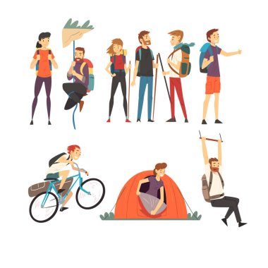 Aktif Turizm Vektörü İllüzyonlarına Göre Yürüyüş Sırt Sırtçantalı İnsanlar. Tatilde Yürüyüş Yolculuğu