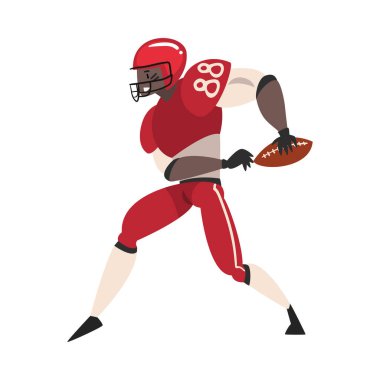 Amerikan Futbolcu Topla Koşuyor, Erkek Sporcu Karakteri Kırmızı Spor Üniforması Eylem Vektörü Resimlerinde