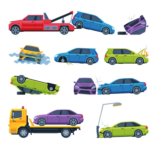 Különböző balesetek a közúti készlet, sérült autó járművek lapos vektor illusztráció — Stock Vector