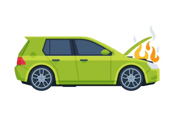 Coche en llamas dañado, accidente automovilístico, ilustración plana del vector de la vista lateral del coche púrpura — Vector de stock