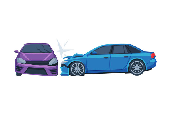 Два автомобильных столкновения, авария на дороге, автокатастрофа с плоским вектором иллюстрации
