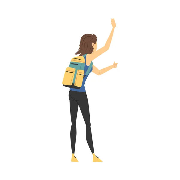 Jonge vrouw met wandelrugzak staand op de weg liftend vectorillustratie — Stockvector