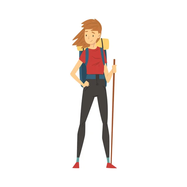 Mujer joven con ropa deportiva de pie con mochila de senderismo en la carretera Vector Illustration — Archivo Imágenes Vectoriales