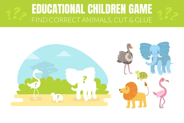 Vind de juiste dieren, knippen en lijm, educatieve kinderen spel met schattige Afrikaanse dieren Vector illustratie — Stockvector