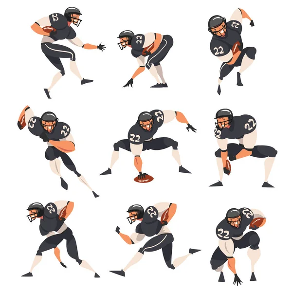 Verzameling van American Football Players, Man Atleet Karakters in Black Sports Uniform en Beschermende helm in actie Vector Illustratie — Stockvector