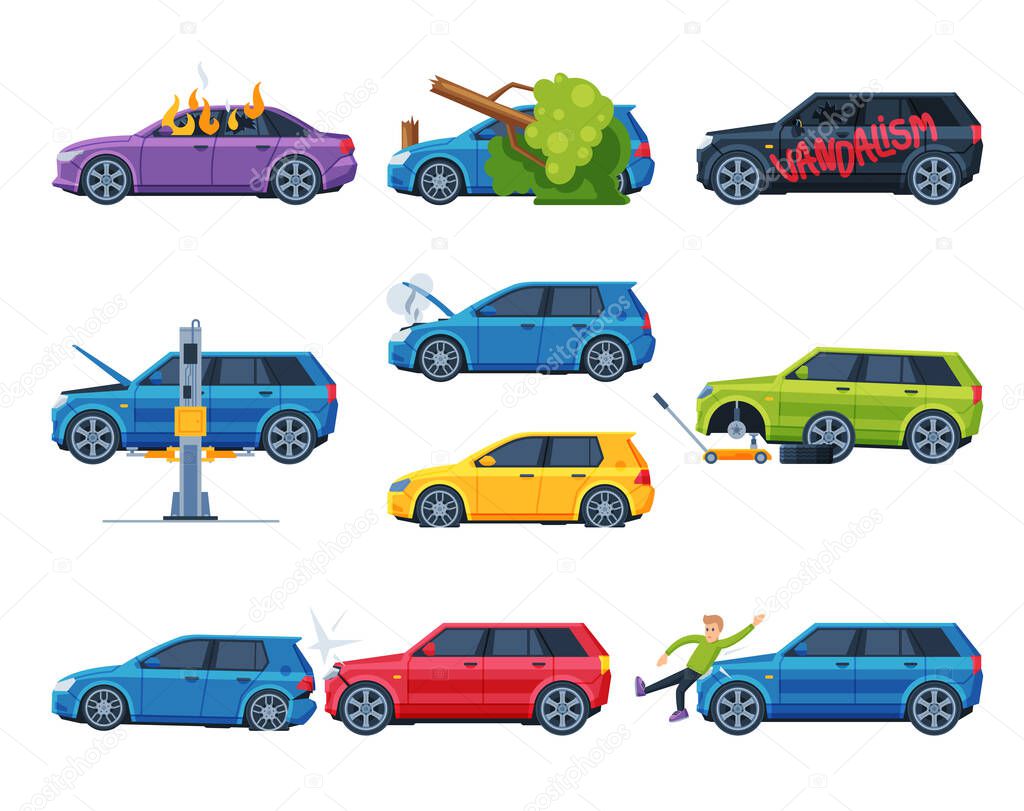 Different Accidents and Crashes on the Road Set, Damaged Car Vehicles Flat Vector Illustration