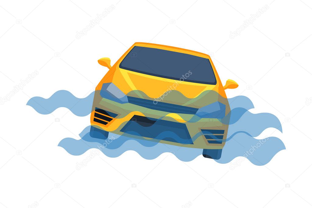 Car Submerging in Water, Auto Accident Flat Vector Illustration