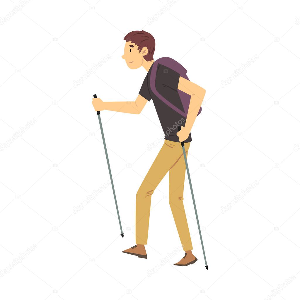 Young Man Carrying Hiking Backpack Walking with Sticks Vector Illustration