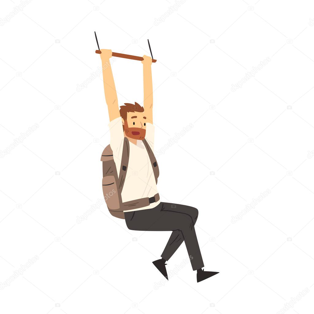 Young Bearded Man with Hiking Backpack Engaged in Active Tourism Vector Illustration