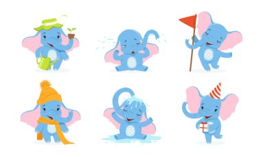Şirin Fil Çizgi Film Koleksiyonu, Farklı Durumlarda Sevimli Afrika Bebek Hayvanı Vektör Çizimi