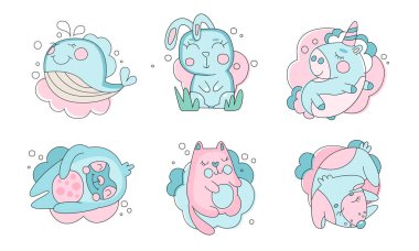 Tatlı Uyuyan Hayvanlar Koleksiyonu, Sevimli Balina, Tavşan, Tekboynuz, Kedi, Pastel Renk Resimlerinin Köpeği