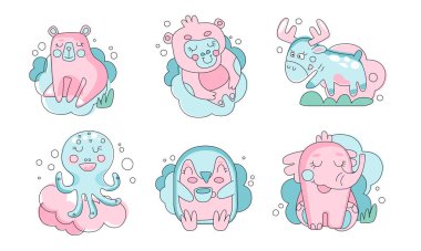 Tatlı Uyuyan Hayvanlar Koleksiyonu, Sevimli Ayı, Maymun, Geyik, Ahtapot, Kuş, Pastel Renk Fili Resimleri