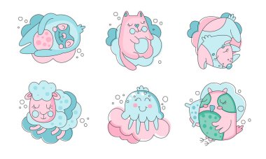 Tatlı Uyuyan Hayvanlar Koleksiyonu, Sevimli Kedi, Köpek, Koyun, Baykuş, Denizanası Vektör Çizimi