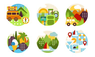 Yaz Gezisi Simgeleri Koleksiyonu, Çemberlerdeki Doğal Yaz Manzaraları, Turizm ve Kamp Vektörü Resimleri