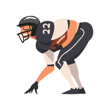 Amerikan Futbolcu Topla, Erkek Sporcu Karakteri Siyah Spor Üniforması Eylem Vektörü İllüstrasyonunda
