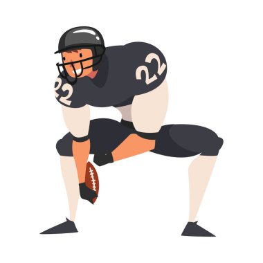 Amerikan Futbolcu, Siyah Spor Üniformalı Erkek Sporcu Karakteri ve Eylem Vektörü Resimlerinde Koruyucu Miğfer