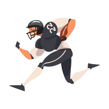 Amerikan Futbolcu Topla Koşuyor, Siyah Üniformalı Erkek Sporcu Karakteri ve Eylem Vektörü Resimlerinde Koruyucu Miğfer