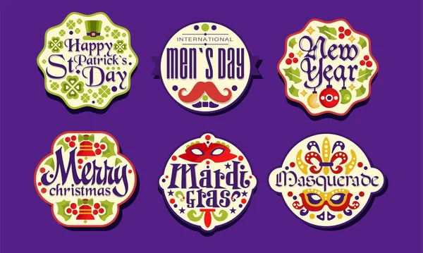 Holiday Stickers Collection, Happy Patrick s Day, Men Day, New Year, Merry Christmas, Mardi Gras, Masquerade Labels Vector Illustration — Stock Vector