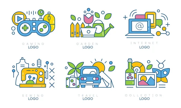 Hobby Logo Templates Set, Jogos, Jardim, Internet, Costura, Viagens, Coleção Etiquetas Criativas Vetor Ilustração —  Vetores de Stock