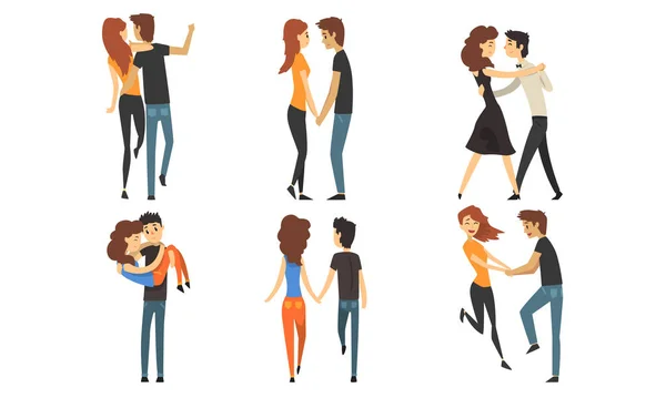 Ευτυχισμένη ρομαντική συλλογή ζευγαριών αγάπης, νέοι άνδρες και γυναίκες χαρακτήρες αγκαλιάζοντας, περπατώντας και χορεύοντας εικονογράφηση διάνυσμα — Διανυσματικό Αρχείο