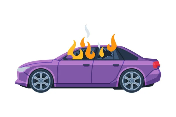 Burning Car, Auto Accident, Purple Car Side View Flat Vector Illustration — Stock Vector