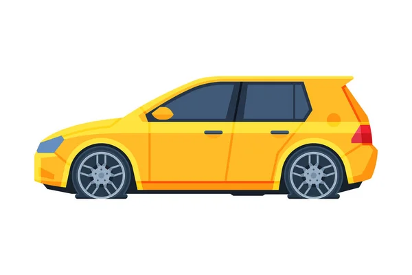 Lastikleri patlamış sarı araba, yan görüş, trafik kazası vektörü çizimi. — Stok Vektör