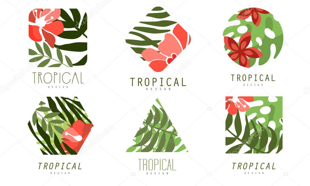Geometric Tropical Logo Design Collection with Exotic Leaves and Flowers