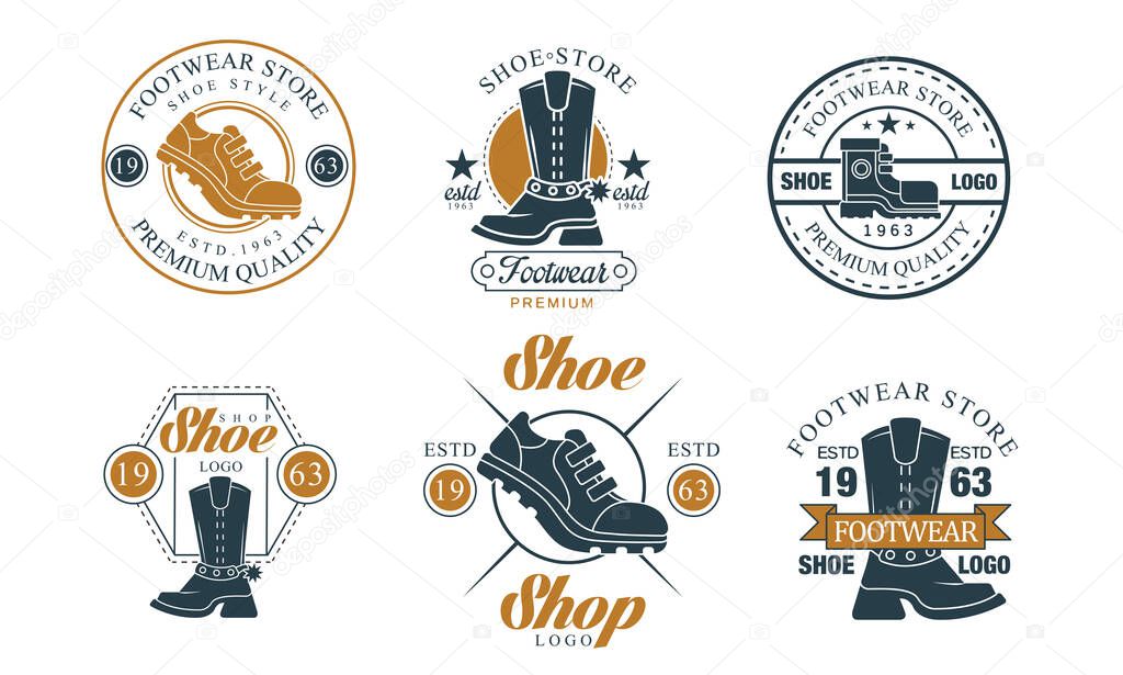 Footwear Store Logo Design Collection, Shoe Shop Premium Quality Badges Vector Illustration Isolated on White Background.