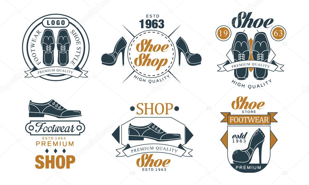 Footwear Store Logo Design Collection, Premium Shoe Shop Retro Badges Vector Illustration Isolated on White Background.