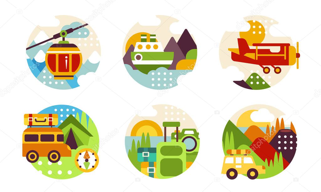 Natural Summer Landscapes in Circles Collection, Tourism, Camping, Travelling Vector Illustration
