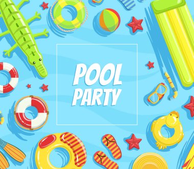 Havuz Partisi Sancak Şablonu, Yaz Partisi Davetiye Kartı, Renkli Yüzen Vektör İllüstrasyonlu İlan