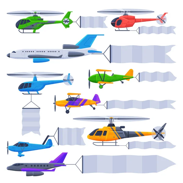 Flying Planes and Helicopters with Blank Banners Collection, Air Vehicles with White Ribbons for Advertising Vector Illustration — Stock Vector