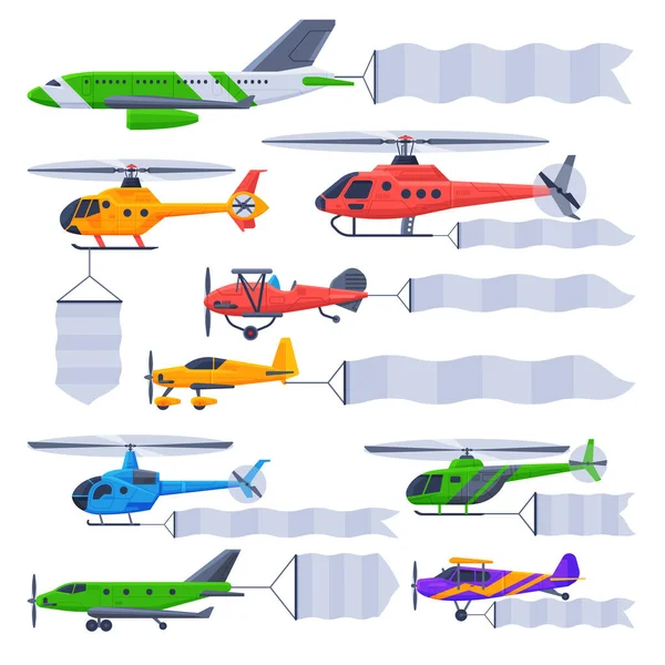 Aerei ed elicotteri che volano con la raccolta delle bandiere, veicoli aerei con i nastri bianchi vuoti per l'illustrazione del vettore di pubblicità — Vettoriale Stock