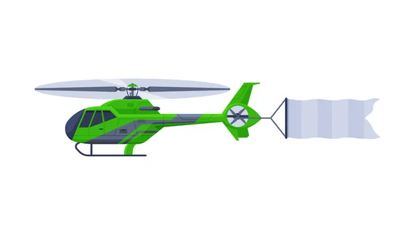 Helicóptero verde con bandera en blanco que vuela en el cielo, vehículo de aire con bandera blanca Ilustración de vectores planos — Archivo Imágenes Vectoriales