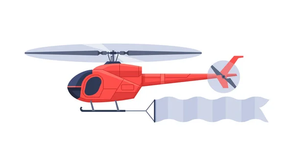 Helicóptero vermelho com bandeira em branco voando no céu, veículo aéreo com fita branca para ilustração de vetor de publicidade —  Vetores de Stock