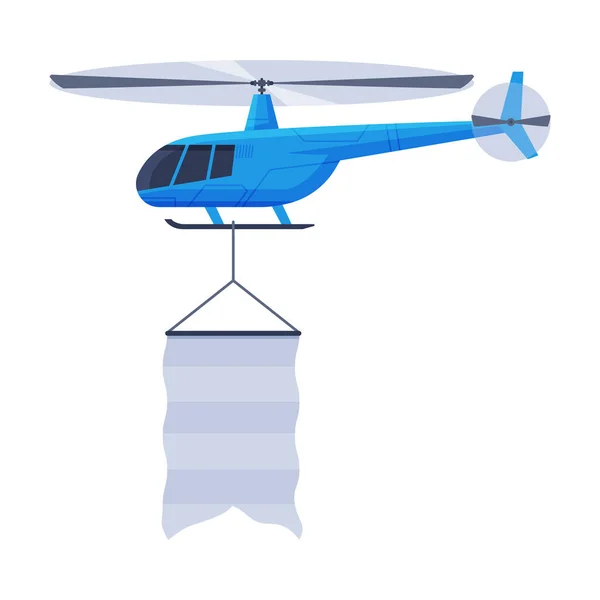Helicóptero volador con bandera en blanco, vehículo de aire con bandera blanca Ilustración de vectores planos — Archivo Imágenes Vectoriales