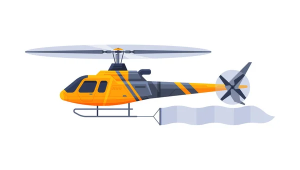 Elicottero con banner vuoto che vola nel cielo, moderno veicolo aereo con nastro bianco per illustrazione vettoriale pubblicitaria — Vettoriale Stock