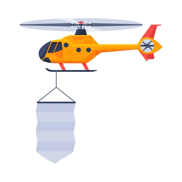 Helicóptero azul con bandera en blanco, vehículo de aire que vuela con bandera blanca Ilustración plana del vector — Vector de stock