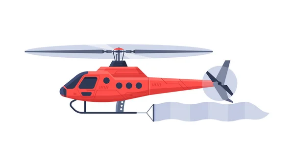 Helicóptero Rojo con Banner Volando en el Cielo, Vehículo Aéreo con Cinta para Publicidad Vector Illustration — Archivo Imágenes Vectoriales