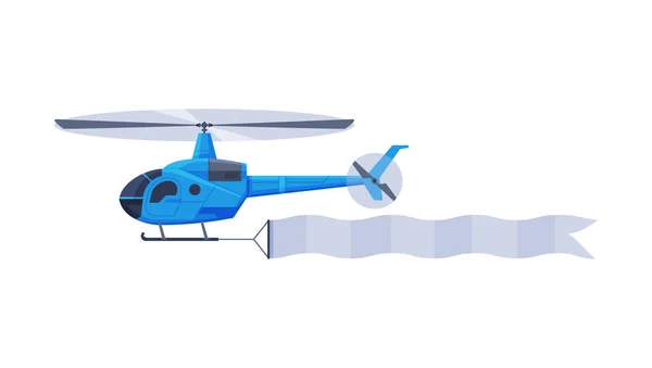 Elicottero volante con banner, moderno veicolo aereo con nastro bianco per illustrazione vettoriale pubblicitaria — Vettoriale Stock