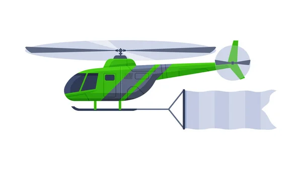 Helicóptero volador con bandera horizontal en blanco, vehículo de aire verde con cinta blanca para publicidad ilustración plana de vectores — Vector de stock