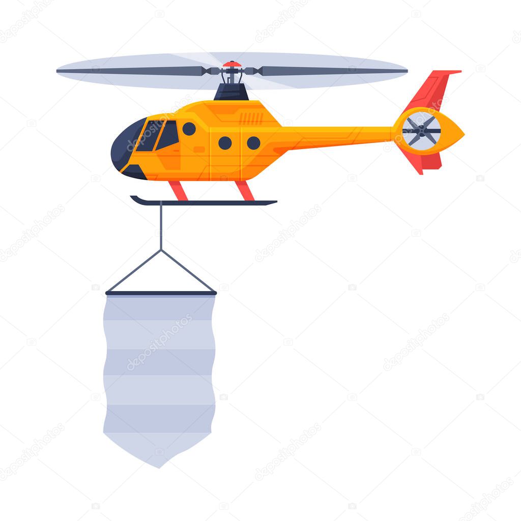 Blue Helicopter with Blank Banner, Air Vehicle Flying with White Flag Flat Vector Illustration