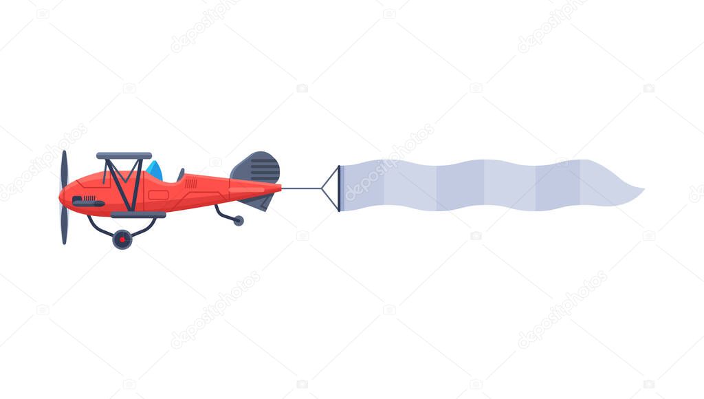 Red Biplane with Blank Horizontal Banner Flying in the Sky, Retro Air Vehicle with White Ribbon for Advertising Flat Vector Illustration