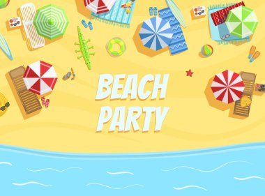 Plaj Partisi Sancak Şablonu, Yaz Partisi Davetiye Kartı Tropial Plajı ve Renkli Şemsiyeler Vektör Resimleri